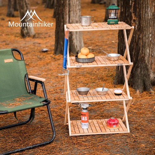 Mountainhiker 마운틴하이커 다용도 캠핑 4단 선반 우드 접이식 수납 키친 테이블